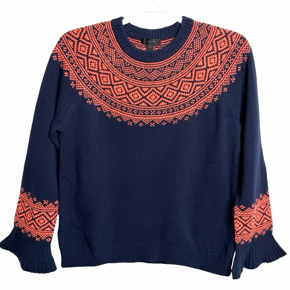 J.Crew Merino Wool Blend Fair‎ Isle Bell Sleeve Navy Orange Sweater Women's Sz M